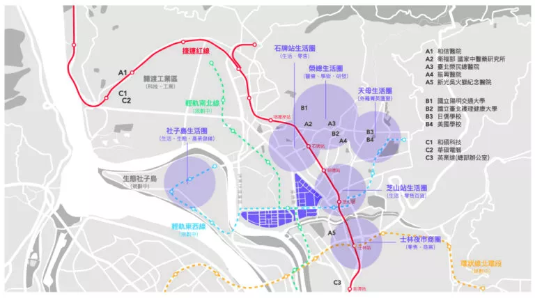 「社子、士林、北投區域輕軌路網走廊研究規劃」建議方案路線示意圖