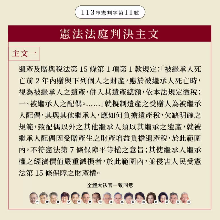 113年憲判字第11號【擬制遺產課稅案】大法官就主文所採立場