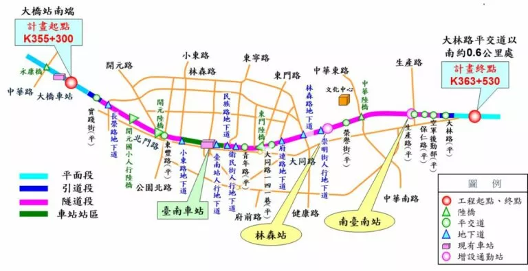 臺南市區鐵路地下化計畫示意圖
