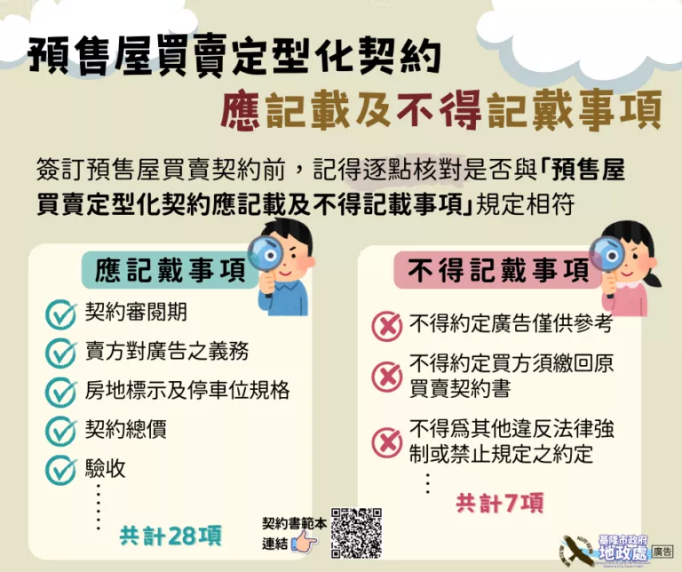 內政部訂有「預售屋買賣定型化契約應記載及不得記載事項」，消費者在簽約前記得逐點核對